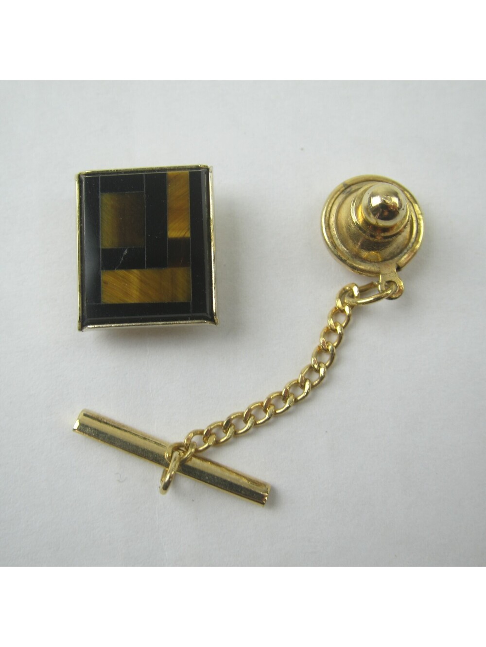 Vintage Tiger Eye Tie Tack Lapel Pin Rectangle Gold tone Chain Tie Bar